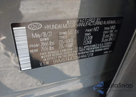 2022 Hyundai Santa Fe Sel из США, поврежденный, VIN 5NMS34AJ2NH467278